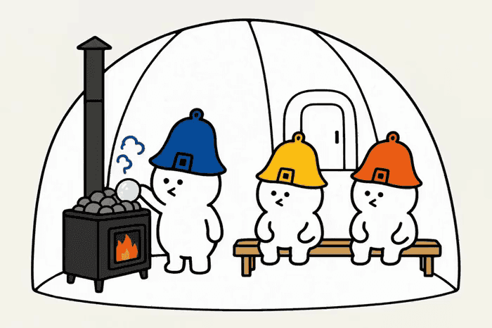 薪ストーブの熱い石に、香りつきの氷をのせているイラスト