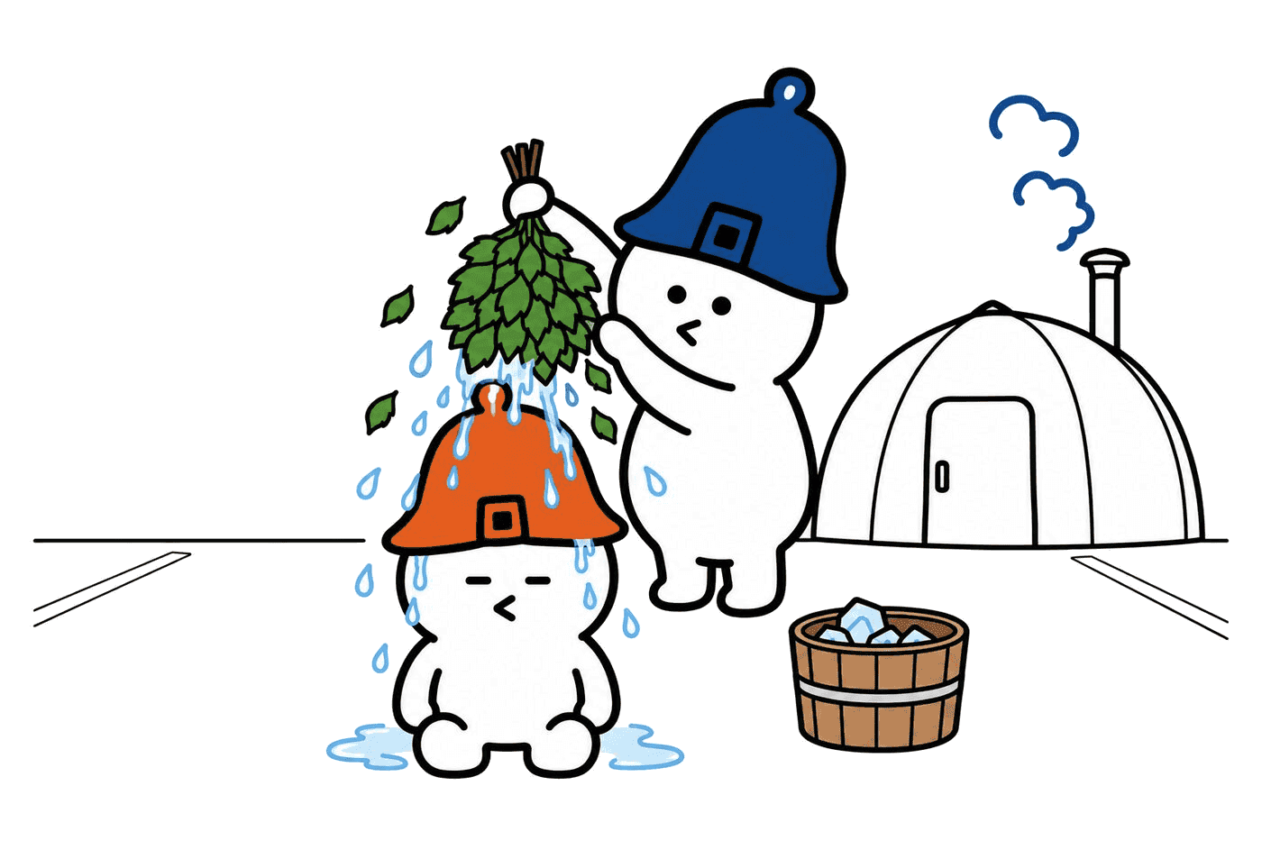 白樺の葉束から氷水を頭にかけてもらっているイラスト