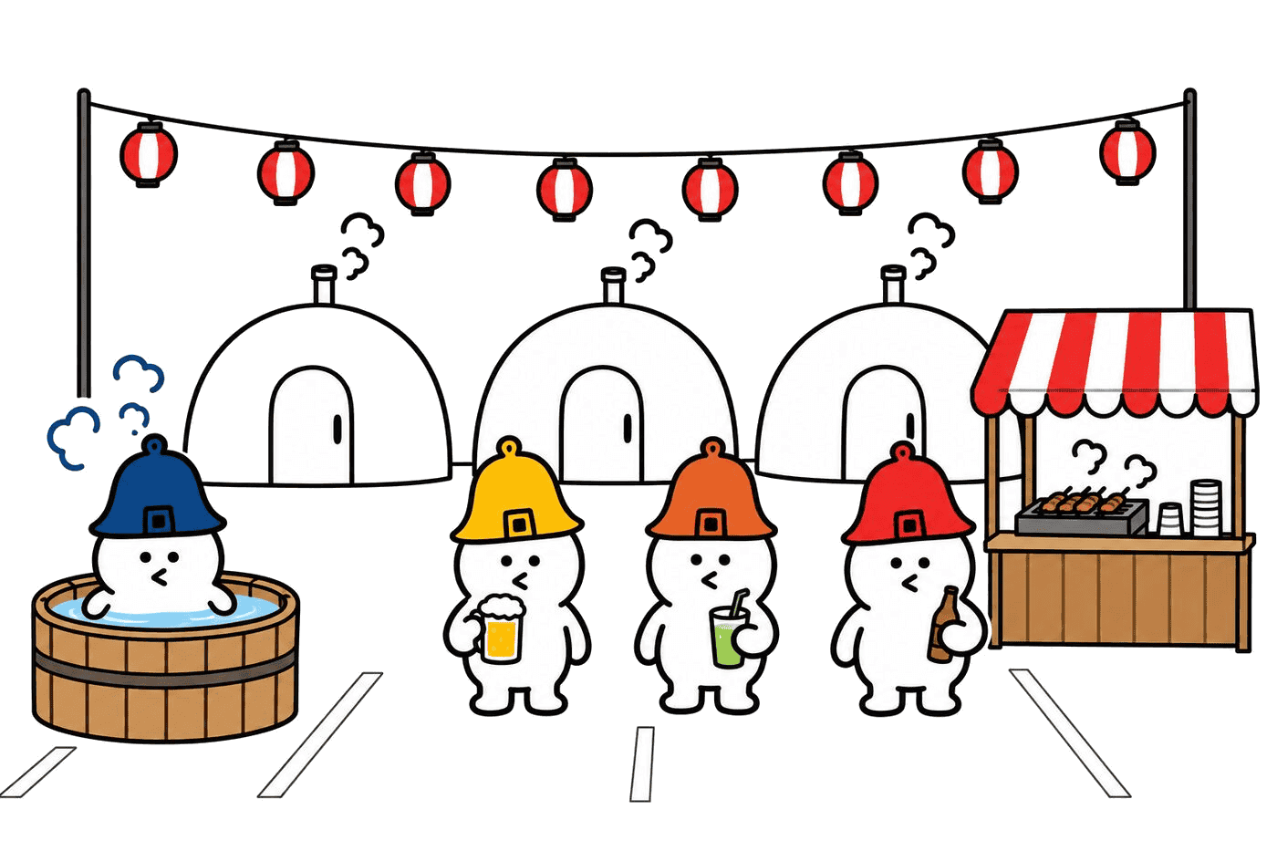 提灯と屋台が出ている屋上のイラスト